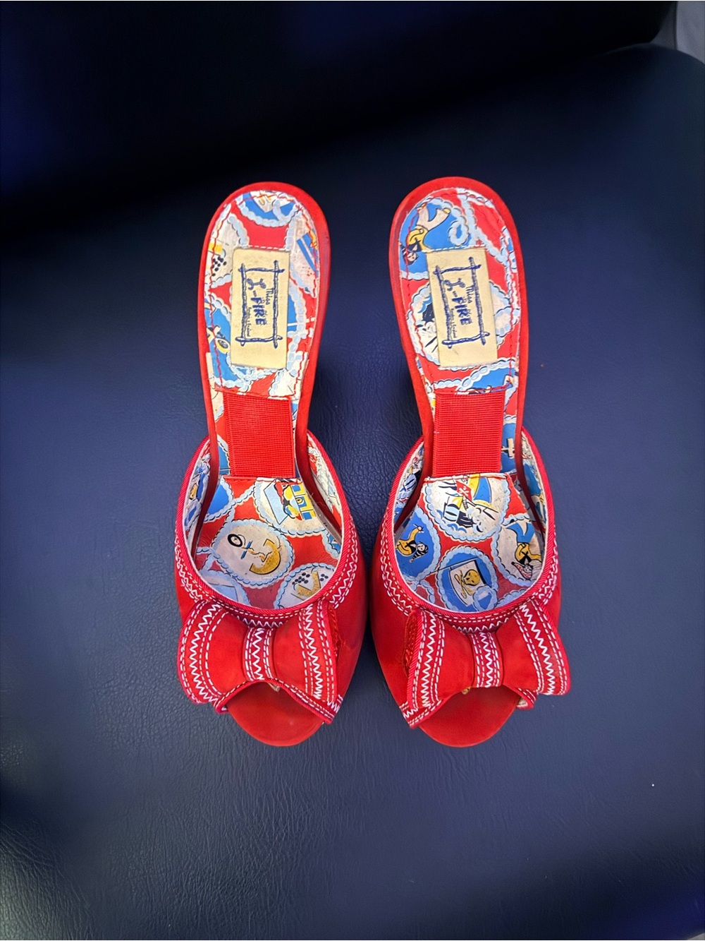 Miss L Fire - Red Open-Toe Bow Heeled Mules - Picture 2 of 4